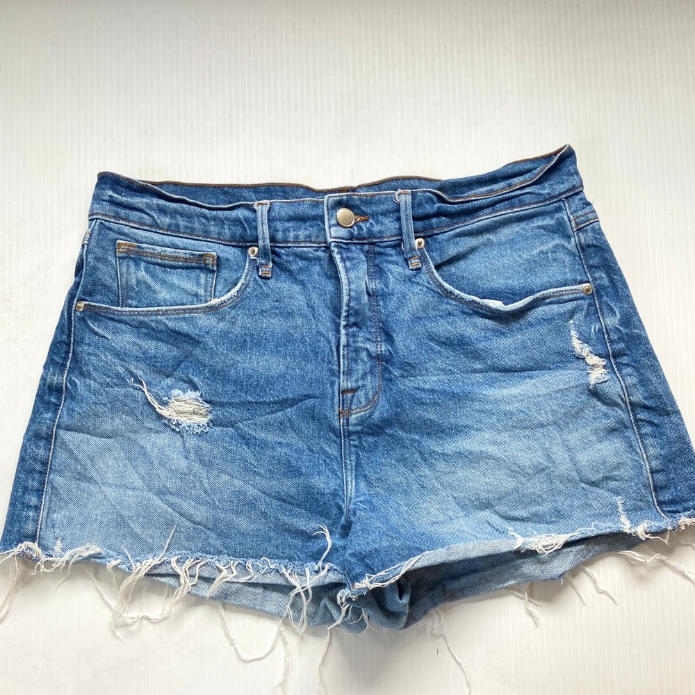 Good American 90s Distressed Blue Denim Cut Off Jean Shorts Jorts Womens 8 29